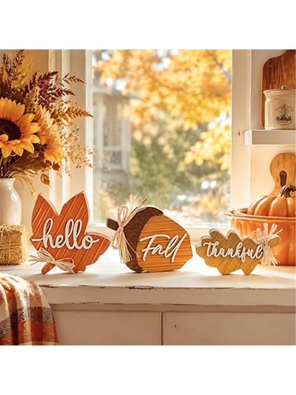 Fall Decorations for Home, 3Pcs Wooden Fall Decor with Maple